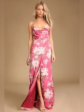 Lulu’s Love of Romance Pink Floral Cowl Neck Dress